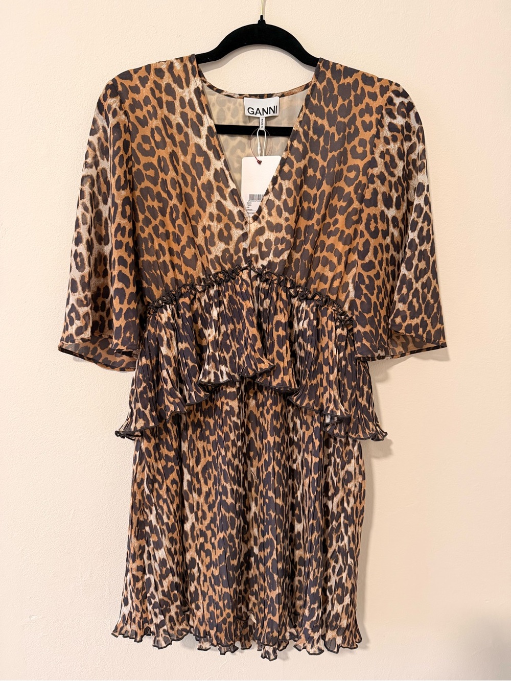GANNI Georgette V-Neck Mini Dress in Almond Milk